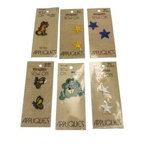 Vintage 70s Wrights Sew On Appliques Patches Lot of 6 Stars Frog Dog Bee